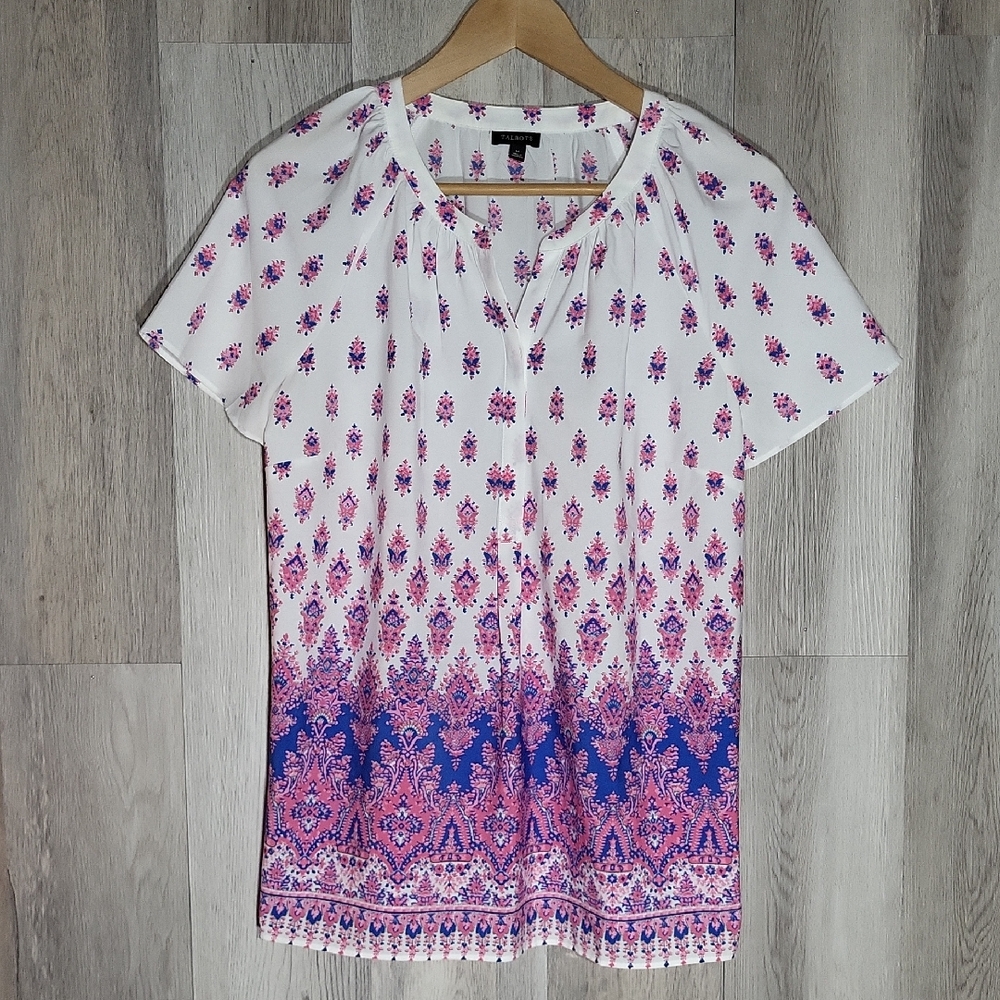 Talbots Womens Medium Blouse Floral Short Sleeve Lightweight Geometric Buttons